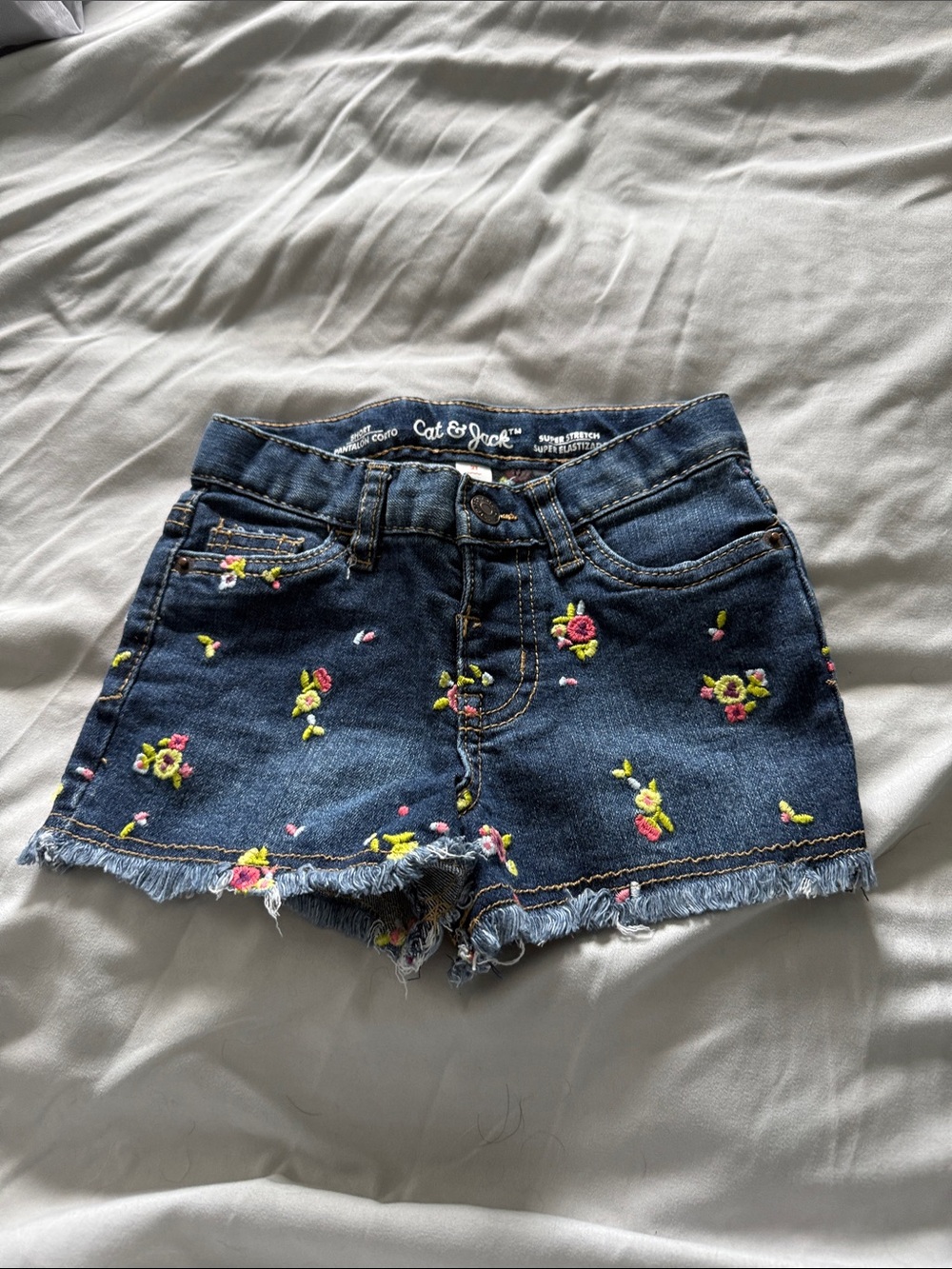 Cat & Jack Dark Blue Denim Shorts with Pink & Yellow Floral Embroidery